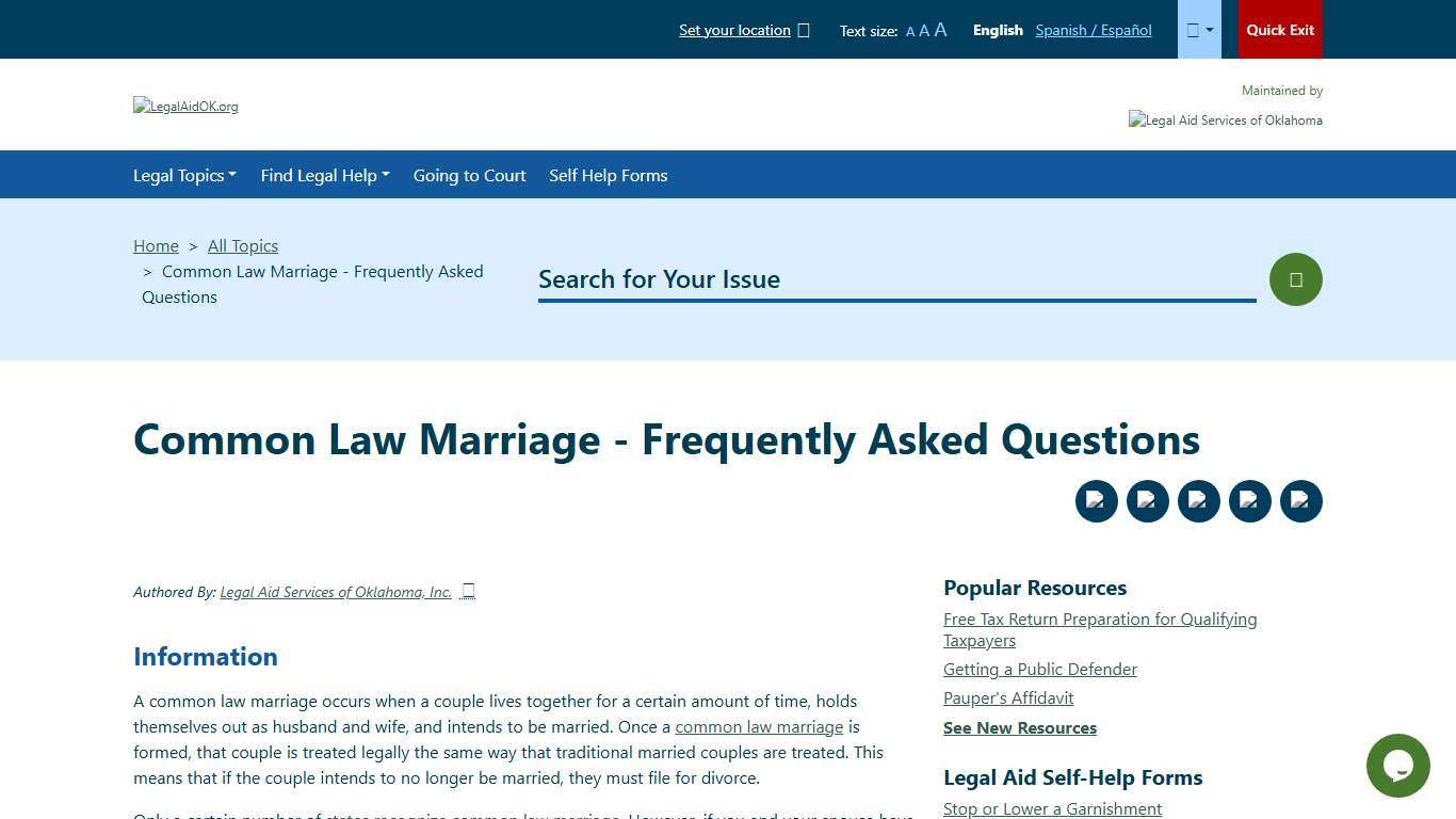 Common Law Marriage - Frequently Asked Questions Welcome to Legal Aid Services of Oklahoma's guide to free legal help in Oklahoma.
